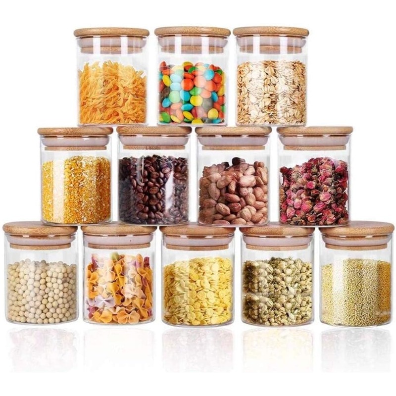 12 Glass Jars Set with Bamboo  - Food Storage Glass Containers Large ulasan dan harga